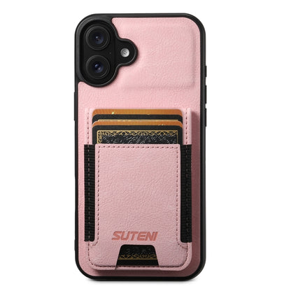 For iPhone 16 Suteni H03 Litchi Leather Card Bag Stand Back Phone Case(Pink) - iPhone 16 Cases by Suteni | Online Shopping South Africa | PMC Jewellery | Buy Now Pay Later Mobicred