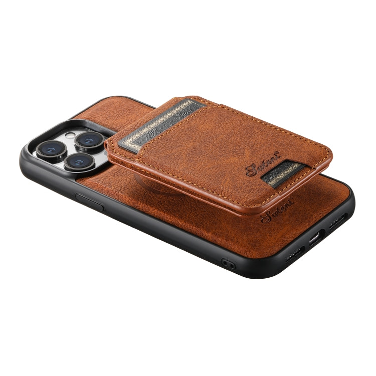 For iPhone 15 Suteni H17 Litchi Texture Leather MagSafe Detachable Wallet Phone Case(Khaki) - iPhone 15 Cases by Suteni | Online Shopping South Africa | PMC Jewellery | Buy Now Pay Later Mobicred