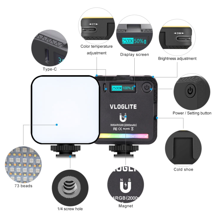 VLOGLITE W64RGB Dimmable RGB LED Pocket Fill Light 20 Modes Live Broadcast Video Light - free shipping - PMC TechLife - Order now!