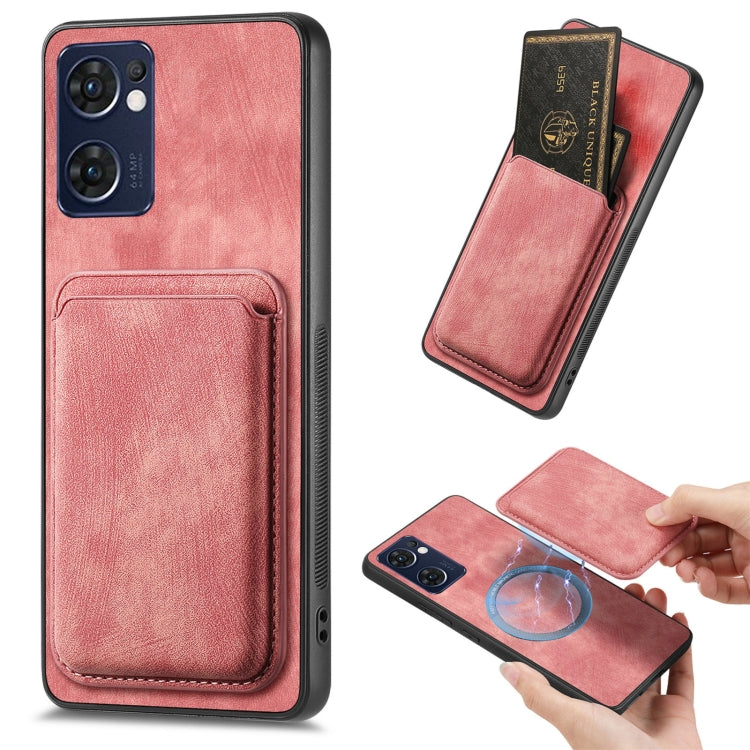 For OPPO Reno7 5G Retro Leather Card Bag Magnetic Phone Case(Pink) - OPPO Cases by PMC TechLife | Online Shopping South Africa | PMC TechLife | Buy Now Pay Later Mobicred