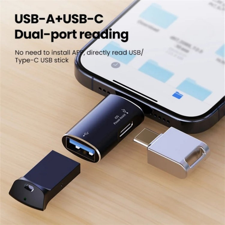 JS-103 8 Pin Male to USB+Type-C Female OTG Adapter(Black) - Converter & Adapter by PMC Jewellery | Online Shopping South Africa | PMC Jewellery | Buy Now Pay Later Mobicred