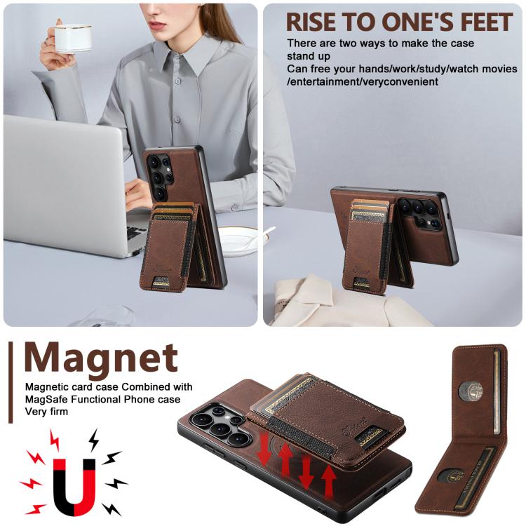 For Samsung Galaxy S25 5G Suteni H17 Litchi Texture Leather MagSafe Detachable Wallet Phone Case(Brown) - Galaxy S25 5G Cases by Suteni | Online Shopping South Africa | PMC Jewellery | Buy Now Pay Later Mobicred