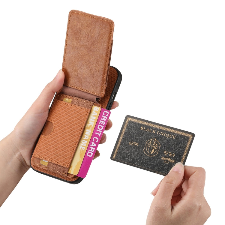 For iPhone 16 Plus Carbon Fiber Vertical Flip Wallet Stand Phone Case(Brown) - free shipping - PMC Jewellery - Order now!