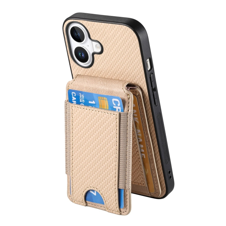 For iPhone 16 Plus Carbon Fiber Vertical Flip Wallet Stand Phone Case(Khaki) - iPhone 16 Plus Cases by PMC Jewellery | Online Shopping South Africa | PMC Jewellery | Buy Now Pay Later Mobicred