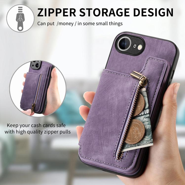 For iPhone 16e Retro Leather Zipper Wallet Back Phone Case(Purple) - iPhone 16e Cases by PMC TechLife | Online Shopping South Africa | PMC TechLife | Buy Now Pay Later Mobicred