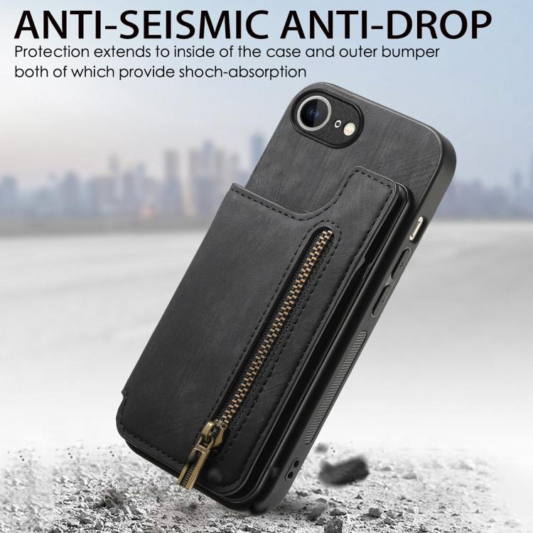 For iPhone 16e Retro Leather Zipper Wallet Back Phone Case(Black) - iPhone 16e Cases by PMC TechLife | Online Shopping South Africa | PMC TechLife | Buy Now Pay Later Mobicred