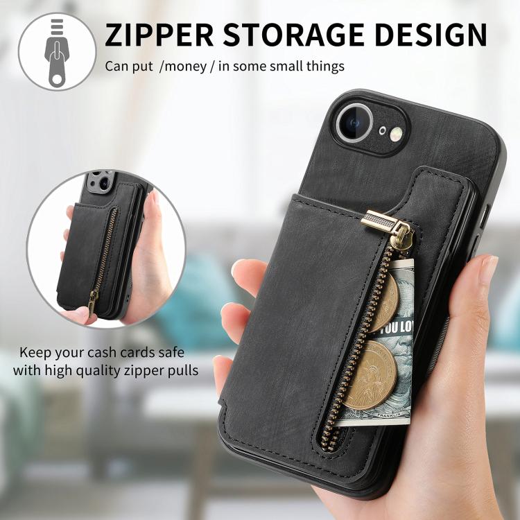 For iPhone 16e Retro Leather Zipper Wallet Back Phone Case(Black) - iPhone 16e Cases by PMC TechLife | Online Shopping South Africa | PMC TechLife | Buy Now Pay Later Mobicred