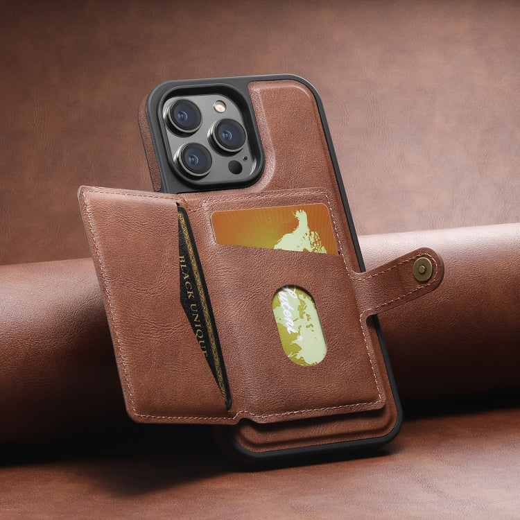 For iPhone 14 Pro Suteni M1 Oil Wax MagSafe Detachable Horizontal Card Bag Phone Case(Brown) - iPhone 14 Pro Cases by Suteni | Online Shopping South Africa | PMC Jewellery | Buy Now Pay Later Mobicred