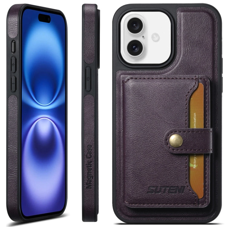 For iPhone 16 Suteni M1 Oil Wax MagSafe Detachable Horizontal Card Bag Phone Case(Purple) - iPhone 16 Cases by Suteni | Online Shopping South Africa | PMC Jewellery | Buy Now Pay Later Mobicred