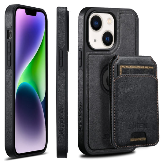 For iPhone 14 Suteni M2 Oil Wax MagSafe Horizontal Card Bag Phone Case(Black) - iPhone 14 Cases by Suteni | Online Shopping South Africa | PMC Jewellery | Buy Now Pay Later Mobicred