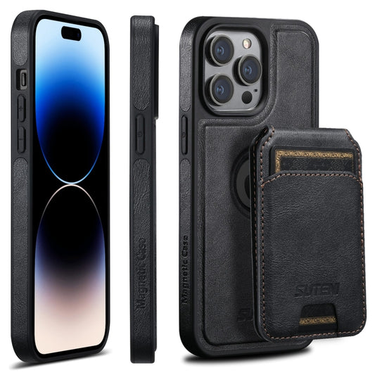 For iPhone 14 Pro Max Suteni M2 Oil Wax MagSafe Horizontal Card Bag Phone Case(Black) - iPhone 14 Pro Max Cases by Suteni | Online Shopping South Africa | PMC Jewellery | Buy Now Pay Later Mobicred