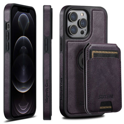 For iPhone 12 Pro Suteni M2 Oil Wax MagSafe Horizontal Card Bag Phone Case(Purple) - iPhone 12 / 12 Pro Cases by Suteni | Online Shopping South Africa | PMC Jewellery | Buy Now Pay Later Mobicred