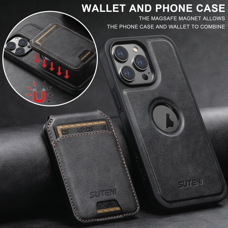 For iPhone 12 Pro Suteni M2 Oil Wax MagSafe Horizontal Card Bag Phone Case(Black) - iPhone 12 / 12 Pro Cases by Suteni | Online Shopping South Africa | PMC Jewellery | Buy Now Pay Later Mobicred