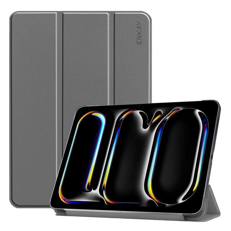 For iPad Pro 13 2024 ENKAY Tri-fold Custer Texture Platic Leather Smart Tablet Case(Grey) - iPad Pro 13 2024 Cases by ENKAY | Online Shopping South Africa | PMC TechLife | Buy Now Pay Later Mobicred