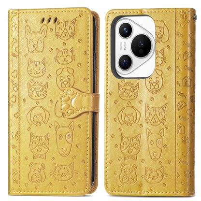 For Huawei Pura 70 Pro Cat and Dog Embossed Leather Phone Case(Yellow) - Huawei Cases by PMC Jewellery | Online Shopping South Africa | PMC Jewellery | Buy Now Pay Later Mobicred