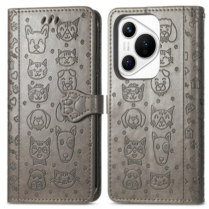 For Huawei Pura 70 Pro Cat and Dog Embossed Leather Phone Case(Gray) - Huawei Cases by PMC Jewellery | Online Shopping South Africa | PMC Jewellery | Buy Now Pay Later Mobicred