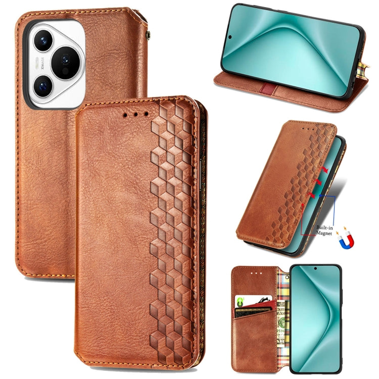 For Huawei Pura 70 Pro Cubic Grid Pressed Magnetic Leather Phone Case(Brown) - Huawei Cases by PMC Jewellery | Online Shopping South Africa | PMC Jewellery | Buy Now Pay Later Mobicred