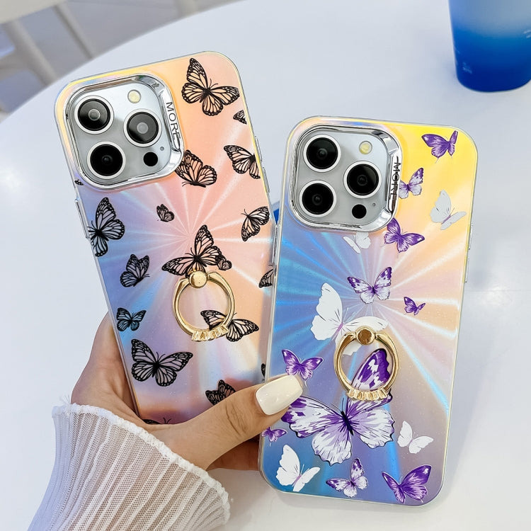 For iPhone 16 Electroplating Laser Butterfly Ring Holder Phone Case(Color Butterflies AB1) - iPhone 16 Cases by PMC TechLife | Online Shopping South Africa | PMC TechLife | Buy Now Pay Later Mobicred