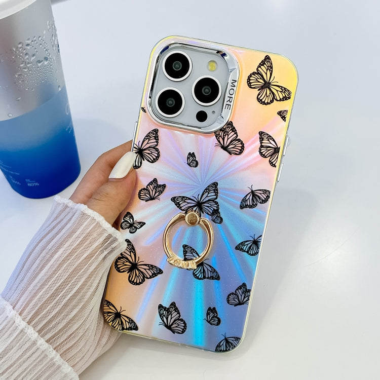 For iPhone 16 Electroplating Laser Butterfly Ring Holder Phone Case(Color Butterflies AB1) - iPhone 16 Cases by PMC TechLife | Online Shopping South Africa | PMC TechLife | Buy Now Pay Later Mobicred