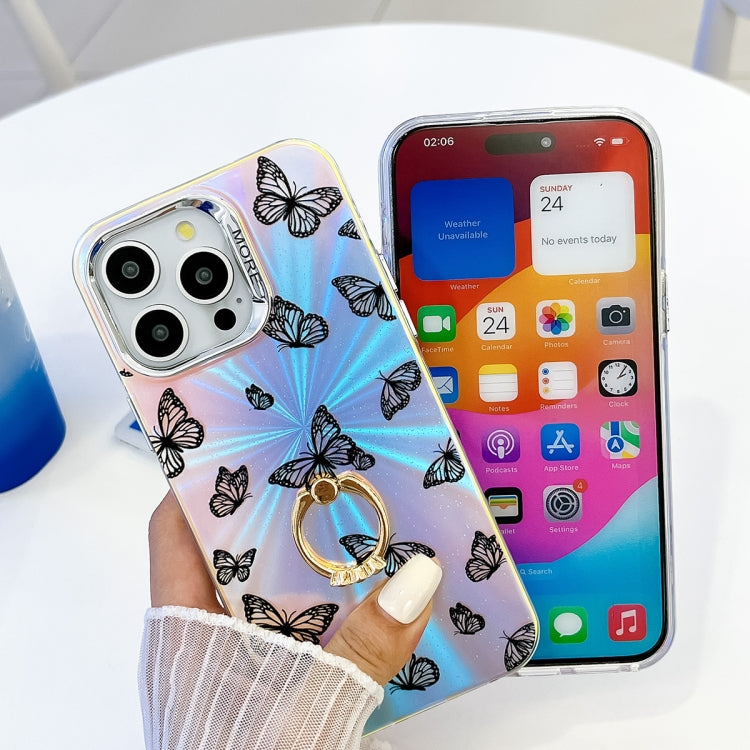 For iPhone 16 Electroplating Laser Butterfly Ring Holder Phone Case(Color Butterflies AB1) - iPhone 16 Cases by PMC TechLife | Online Shopping South Africa | PMC TechLife | Buy Now Pay Later Mobicred