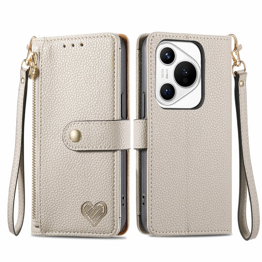 For Huawei Pura 70 Love Zipper Lanyard Leather Phone Case(Gray) - Huawei Cases by PMC Jewellery | Online Shopping South Africa | PMC Jewellery | Buy Now Pay Later Mobicred