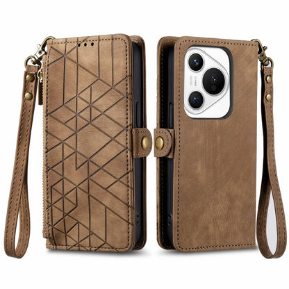 For Huawei Pura 70 Geometric Zipper Wallet Side Buckle Leather Phone Case(Brown) - Huawei Cases by PMC Jewellery | Online Shopping South Africa | PMC Jewellery | Buy Now Pay Later Mobicred