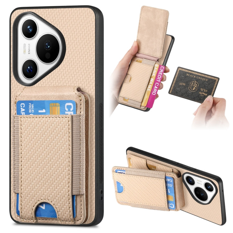 For Huawei Pura 70 Carbon Fiber Vertical Flip Wallet Stand Phone Case(Khaki) - Huawei Cases by PMC Jewellery | Online Shopping South Africa | PMC Jewellery | Buy Now Pay Later Mobicred