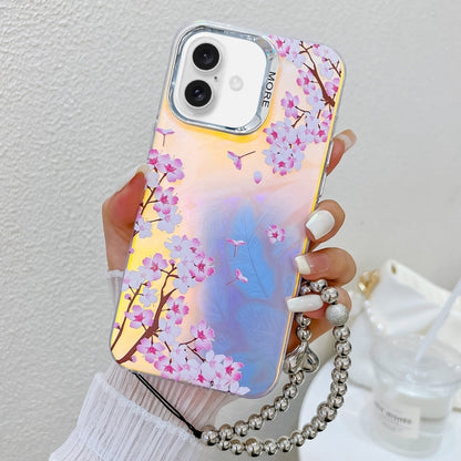 For iPhone 16 Electroplating Laser Flower Phone Case with Wrist Strap(Peach Blossom AH4) - iPhone 16 Cases by PMC Jewellery | Online Shopping South Africa | PMC Jewellery | Buy Now Pay Later Mobicred