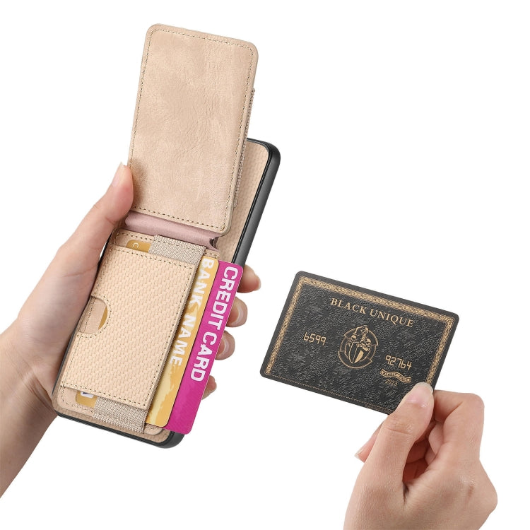 For Motorola Moto E40 Carbon Fiber Vertical Flip Wallet Stand Phone Case(Khaki) - Motorola Cases by PMC TechLife | Online Shopping South Africa | PMC TechLife | Buy Now Pay Later Mobicred