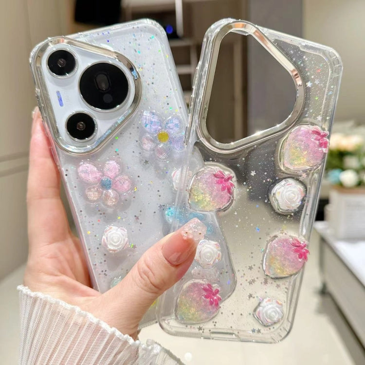 For Huawei Pura 70 Electroplated Frame 3D Strawberry Flower  TPU Phone Case(Colorful Flowers) - Huawei Cases by PMC Jewellery | Online Shopping South Africa | PMC Jewellery | Buy Now Pay Later Mobicred