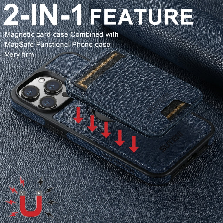 For iPhone 15 Pro Suteni M2 Cross-Grain MagSafe Vertical Card Back Phone Case(Blue) - iPhone 15 Pro Cases by Suteni | Online Shopping South Africa | PMC Jewellery | Buy Now Pay Later Mobicred