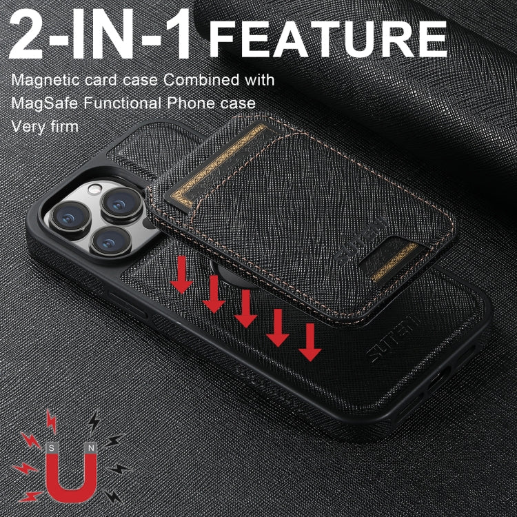 For iPhone 12 Suteni M2 Cross-Grain MagSafe Vertical Card Back Phone Case(Black) - iPhone 12 / 12 Pro Cases by Suteni | Online Shopping South Africa | PMC Jewellery | Buy Now Pay Later Mobicred