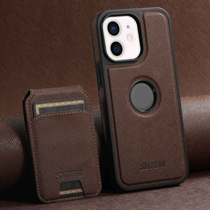 For iPhone 12 Suteni M2 Cross-Grain MagSafe Vertical Card Back Phone Case(Brown) - iPhone 12 / 12 Pro Cases by Suteni | Online Shopping South Africa | PMC Jewellery | Buy Now Pay Later Mobicred