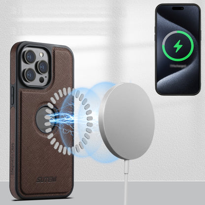 For iPhone 12 Suteni M2 Cross-Grain MagSafe Vertical Card Back Phone Case(Brown) - iPhone 12 / 12 Pro Cases by Suteni | Online Shopping South Africa | PMC Jewellery | Buy Now Pay Later Mobicred