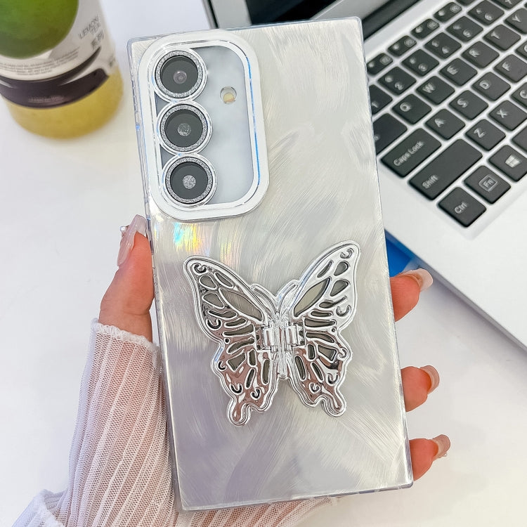 For Samsung Galaxy S25+ 5G Plating Glitter Texture Butterfly Holder TPU Phone Case with Lens Film(White Feather Yarn) - Galaxy S25+ 5G Cases by PMC Jewellery | Online Shopping South Africa | PMC Jewellery | Buy Now Pay Later Mobicred