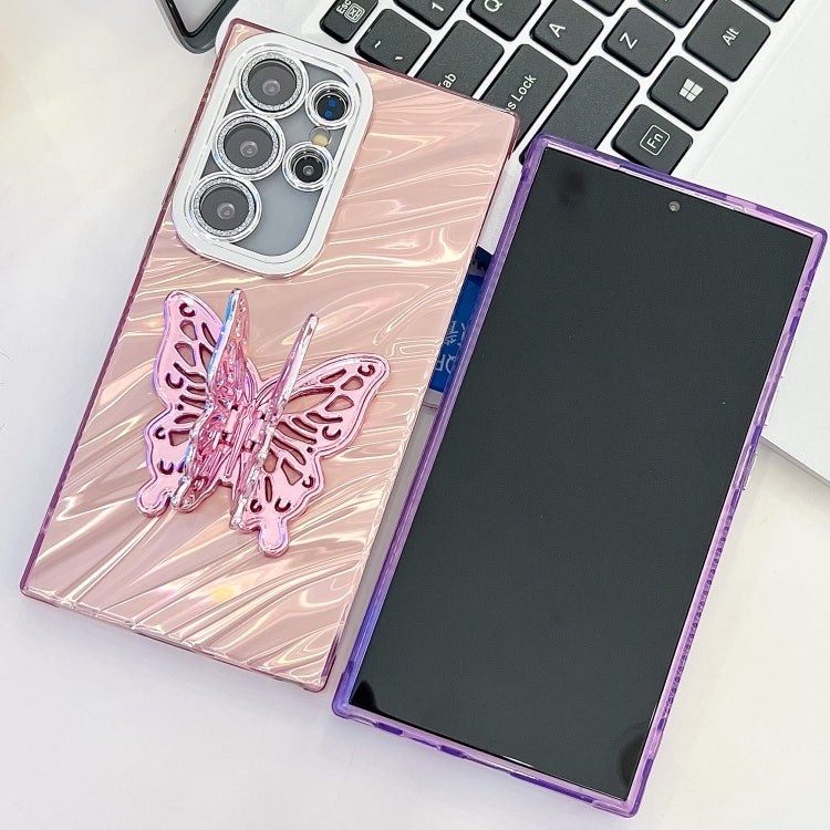 For Samsung Galaxy S25+ 5G Plating Glitter Texture Butterfly Holder TPU Phone Case with Lens Film(Purple Water Ripples) - Galaxy S25+ 5G Cases by PMC Jewellery | Online Shopping South Africa | PMC Jewellery | Buy Now Pay Later Mobicred