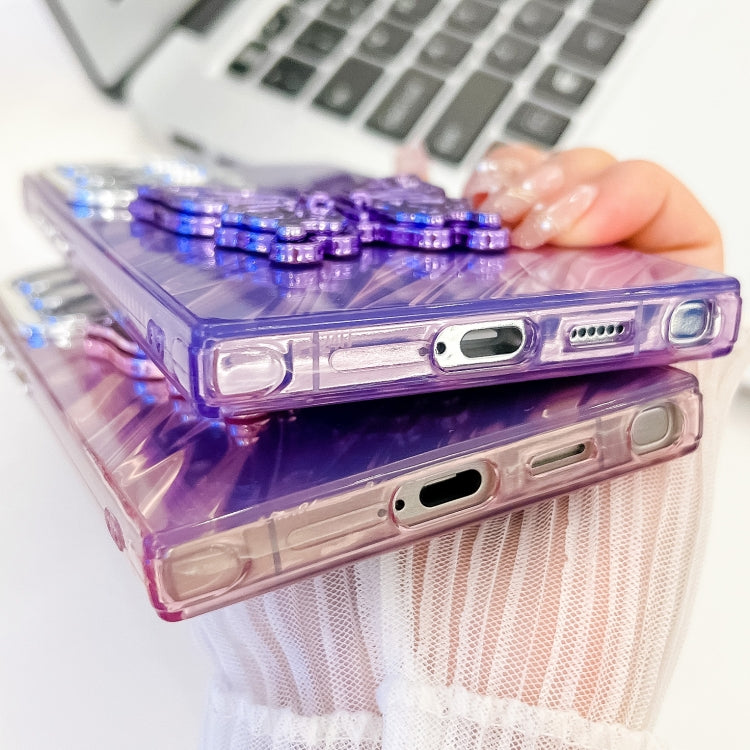 For Samsung Galaxy S25+ 5G Plating Glitter Texture Butterfly Holder TPU Phone Case with Lens Film(Purple Feather Yarn) - Galaxy S25+ 5G Cases by PMC Jewellery | Online Shopping South Africa | PMC Jewellery | Buy Now Pay Later Mobicred