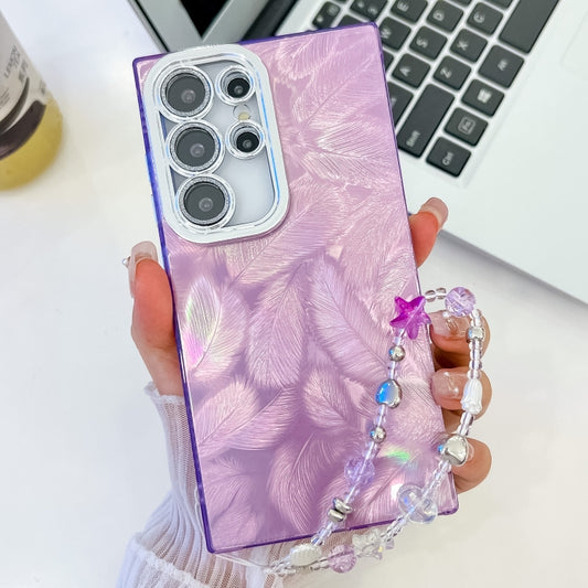 For Samsung Galaxy S25 Ultra 5G Plating Glitter Texture Chain Wristband TPU Phone Case with Lens Film(Purple Feathers) - Galaxy S25 Ultra 5G Cases by PMC Jewellery | Online Shopping South Africa | PMC Jewellery | Buy Now Pay Later Mobicred