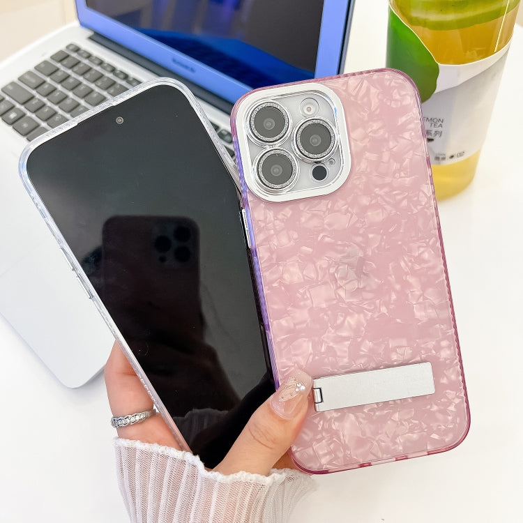 For iPhone 16e Plating Glitter Texture Fold Holder TPU Phone Case with Lens Film(Pink Feather Yarn) - iPhone 16e Cases by PMC TechLife | Online Shopping South Africa | PMC TechLife | Buy Now Pay Later Mobicred