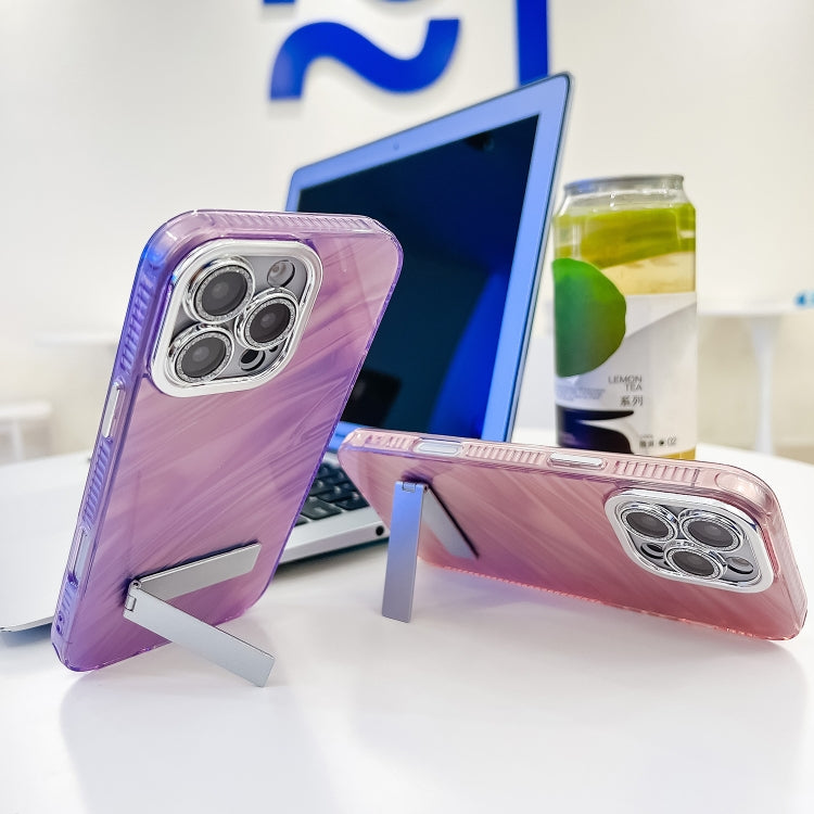 For iPhone 16e Plating Glitter Texture Fold Holder TPU Phone Case with Lens Film(Pink Tinfoil Texture) - iPhone 16e Cases by PMC TechLife | Online Shopping South Africa | PMC TechLife | Buy Now Pay Later Mobicred
