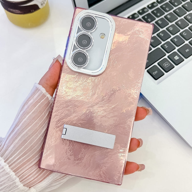 For Samsung Galaxy S25+ 5G Plating Glitter Texture Fold Holder TPU Phone Case with Lens Film(Pink Tinfoil Texture) - Galaxy S25+ 5G Cases by PMC Jewellery | Online Shopping South Africa | PMC Jewellery | Buy Now Pay Later Mobicred