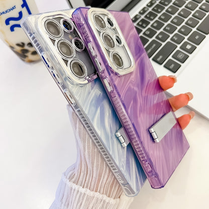 For Samsung Galaxy S25 5G Plating Glitter Texture Fold Holder TPU Phone Case with Lens Film(Purple Tinfoil Texture) - Galaxy S25 5G Cases by PMC Jewellery | Online Shopping South Africa | PMC Jewellery | Buy Now Pay Later Mobicred