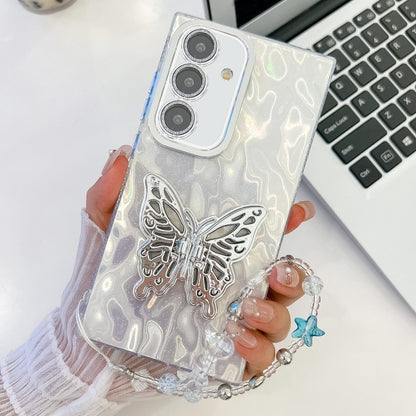 For Samsung Galaxy S25+ 5G Plating Glitter Lens Film Texture Butterfly Holder Wristband Phone Case(White Wrinkles) - Galaxy S25+ 5G Cases by PMC Jewellery | Online Shopping South Africa | PMC Jewellery | Buy Now Pay Later Mobicred