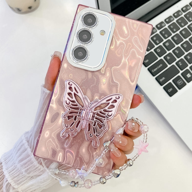 For Samsung Galaxy S25+ 5G Plating Glitter Lens Film Texture Butterfly Holder Wristband Phone Case(Pink Tinfoil Texture) - Galaxy S25+ 5G Cases by PMC Jewellery | Online Shopping South Africa | PMC Jewellery | Buy Now Pay Later Mobicred