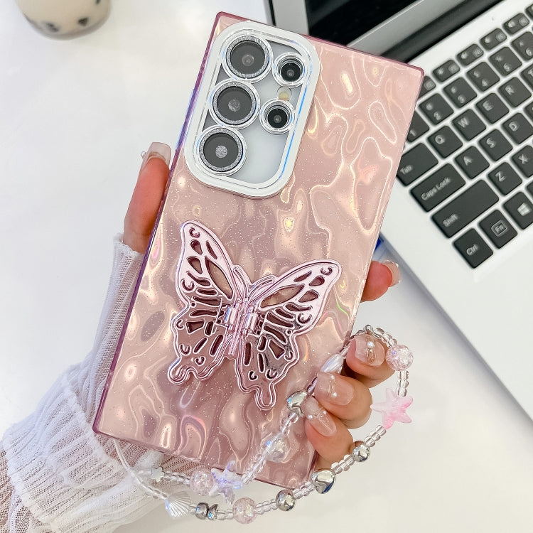 For Samsung Galaxy S25 Ultra 5G Plating Glitter Lens Film Texture Butterfly Holder Wristband Phone Case(Pink Wrinkles) - Galaxy S25 Ultra 5G Cases by PMC Jewellery | Online Shopping South Africa | PMC Jewellery | Buy Now Pay Later Mobicred