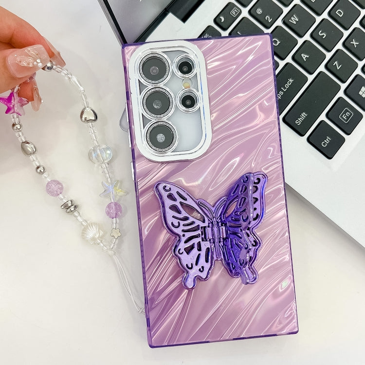 For Samsung Galaxy S25+ 5G Plating Glitter Lens Film Texture Butterfly Holder Wristband Phone Case(Purple Feathers) - Galaxy S25+ 5G Cases by PMC Jewellery | Online Shopping South Africa | PMC Jewellery | Buy Now Pay Later Mobicred