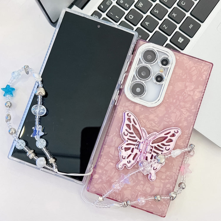 For Samsung Galaxy S25+ 5G Plating Glitter Lens Film Texture Butterfly Holder Wristband Phone Case(Purple Wrinkles) - Galaxy S25+ 5G Cases by PMC Jewellery | Online Shopping South Africa | PMC Jewellery | Buy Now Pay Later Mobicred