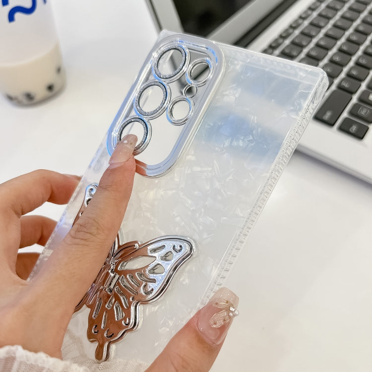 For Samsung Galaxy S25+ 5G Plating Glitter Lens Film Texture Butterfly Holder Wristband Phone Case(White Feathers) - Galaxy S25+ 5G Cases by PMC Jewellery | Online Shopping South Africa | PMC Jewellery | Buy Now Pay Later Mobicred