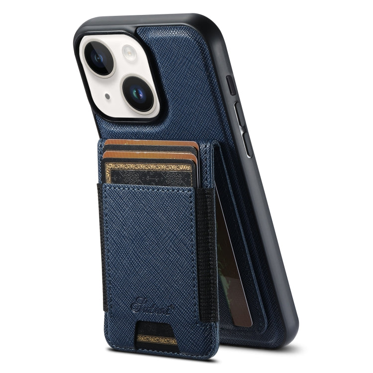 For iPhone 15 Suteni H17 Cross Grain Leather MagSafe Detachable Wallet Phone Case(Blue) - iPhone 15 Cases by Suteni | Online Shopping South Africa | PMC Jewellery | Buy Now Pay Later Mobicred