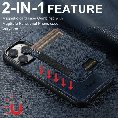 For iPhone 15 Suteni H17 Cross Grain Leather MagSafe Detachable Wallet Phone Case(Blue) - iPhone 15 Cases by Suteni | Online Shopping South Africa | PMC Jewellery | Buy Now Pay Later Mobicred